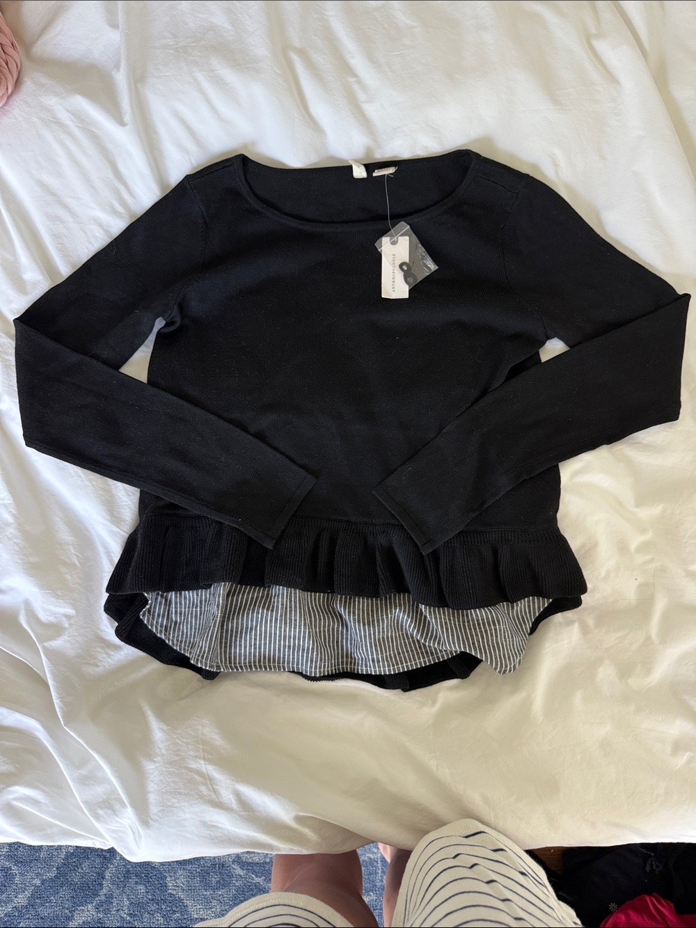 Moth Black Crewneck Sweater with Striped Hem Ruffle